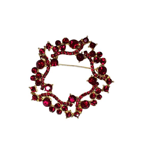 Dana Buchman Brooch Pin Festive Red Crystal Gold Tone Jewelry - Picture 6 of 6